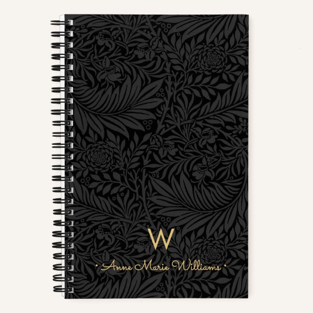Elegant Gold Monogram Name Black Floral Pattern Notebook (Front)
