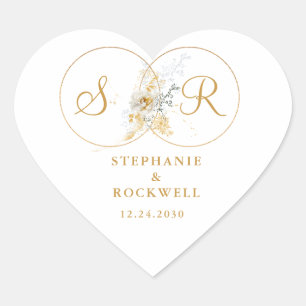 Elegant Gold Monogram Name Initial Wedding  Heart  Sticker