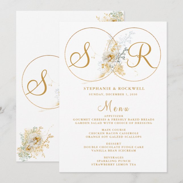 Elegant Gold Monogram Name Initial Wedding Menu (Front/Back)