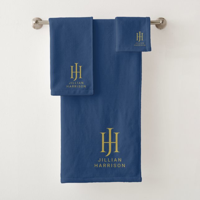Elegant Gold Monogram Navy Blue Bath Towel Set (Insitu)