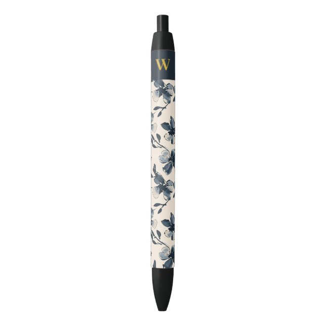 Elegant Gold Monogram Navy Blue Floral Pattern Black Ink Pen (Front Vertical)