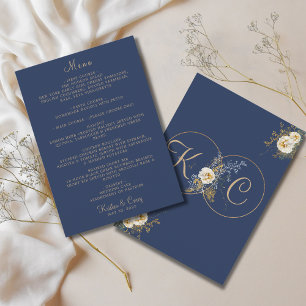 Elegant Gold Monogram Navy Blue Wedding Menu