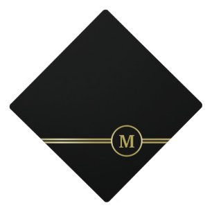 Elegant gold Monogram on black  Graduation Cap Topper