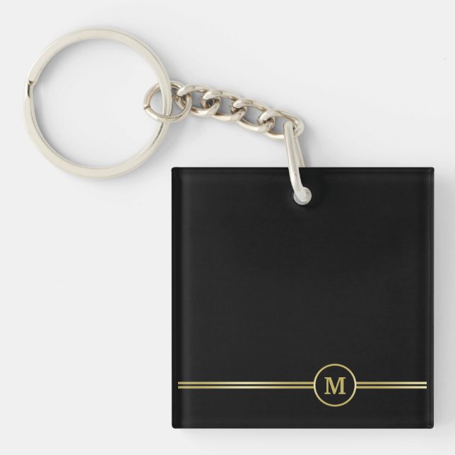 Elegant gold Monogram on black  Keychain (Front)