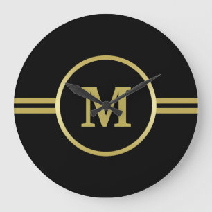 Elegant gold Monogram on black Large Clock