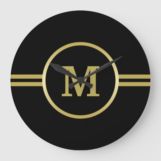 Elegant gold Monogram on black Large Clock (Front)