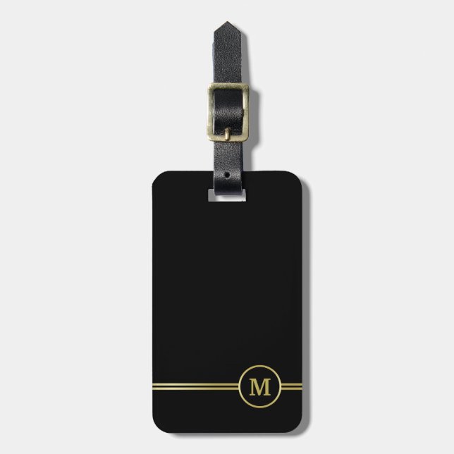 Elegant gold Monogram on black  Luggage Tag (Front Vertical)