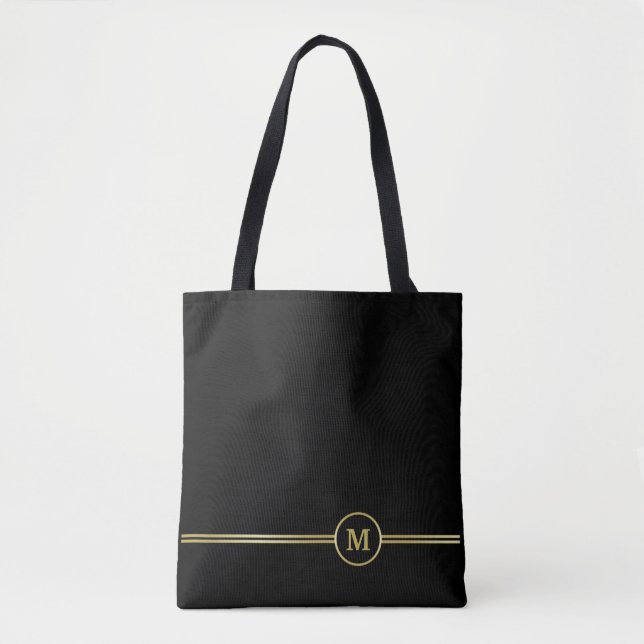Elegant gold Monogram on black  Tote Bag (Front)