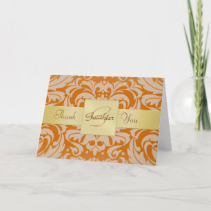 Elegant Gold Monogram Orange Damask Thank You Card