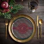Elegant Gold Monogram Plaid Christmas Holiday  Paper Plate<br><div class="desc">Elegant yet rustic plaid pattern in deep cranberry red, dark teal green, and dark navy blue with faux gold threads. Gold tone holly and berries motif with centre double circles to enclose your monogram initial. Just add your initial, greeting and family or company name. Perfect for celebrating holiday and winter...</div>