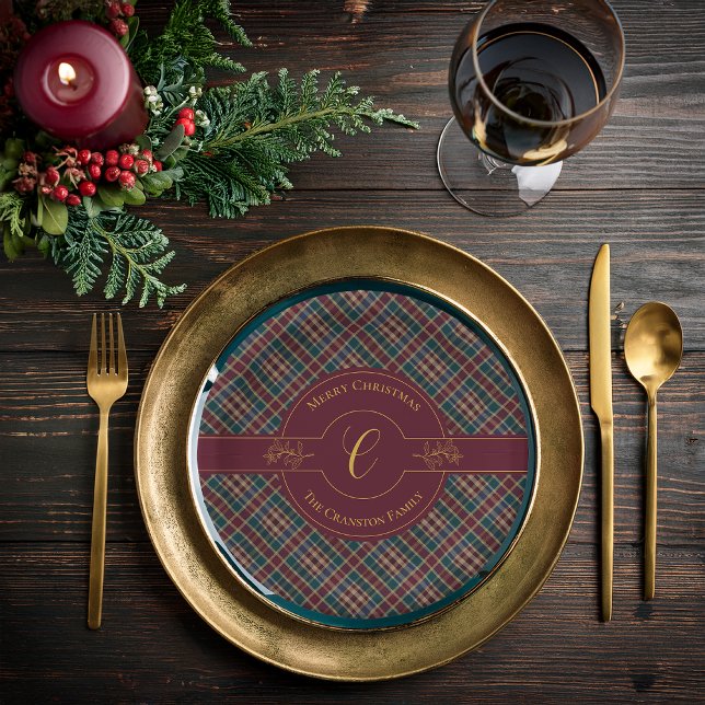Elegant Gold Monogram Plaid Christmas Holiday  Paper Plate (Elegant Gold Monogram Holly and Berries and Rich Dark Plaid Christmas Holiday Paper Plates)