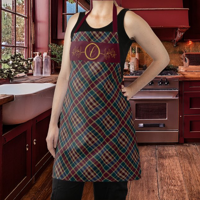 Elegant Gold Monogram Plaid - Cranberry Blue Teal  Apron (Elegant Gold Tone Holly and Berries Monogram Cranberry, Dk Blue, Teal Plaid Christmas Holiday Apron)