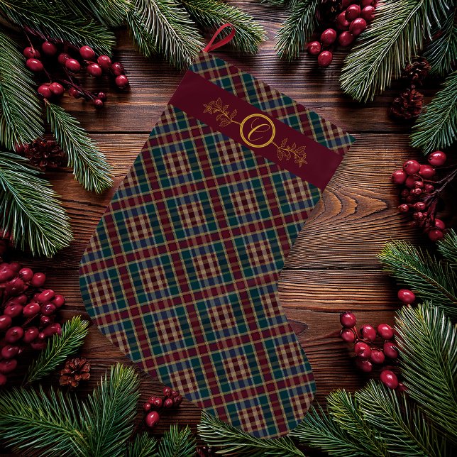 Elegant Gold Monogram Plaid - Cranberry Blue Teal  Large Christmas Stocking (Elegant Gold Monogram Holly and Berries with Dark Rich Plaid Christmas Holiday Stocking - Large)
