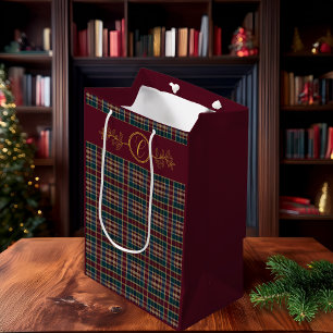 Elegant Gold Monogram Plaid - Cranberry Blue Teal  Medium Gift Bag
