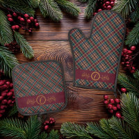 Elegant Gold Monogram Plaid - Cranberry Blue Teal