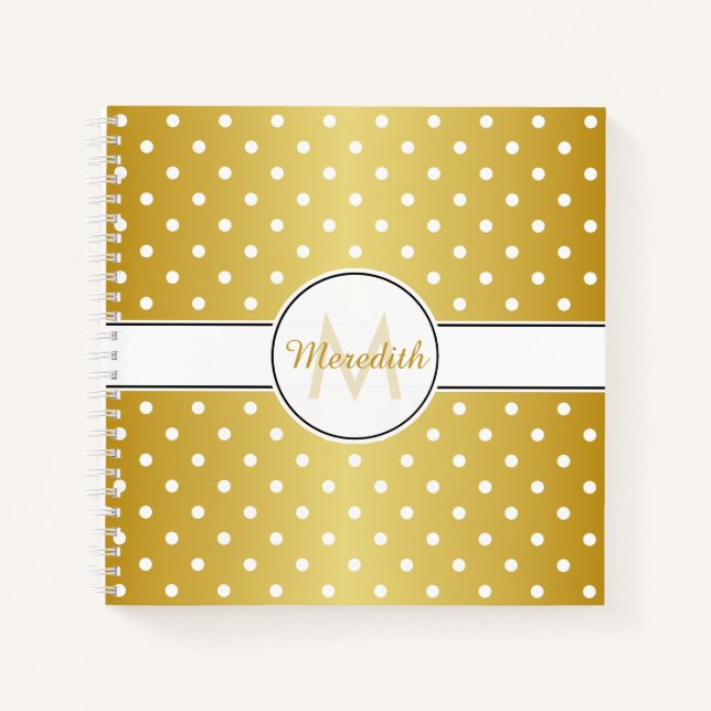 Elegant Gold Monogram Polka Dot Pattern Notebook (Front)