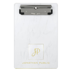 Elegant Gold Monogram Professional White Marble Mini Clipboard