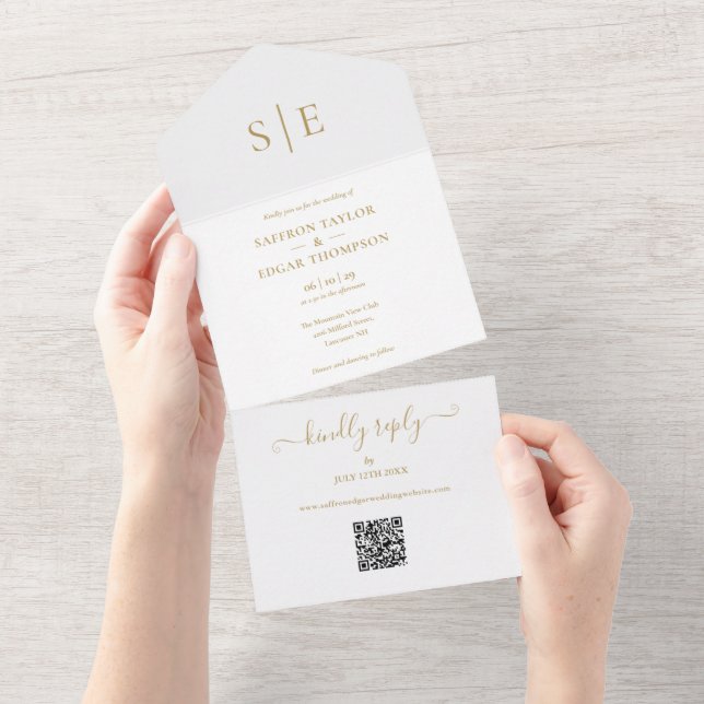 Elegant Gold Monogram QR Code Wedding All In One Invitation (Tearaway)