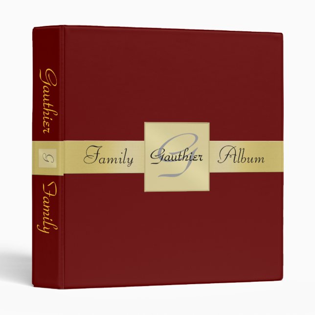 Elegant Gold Monogram Red Family Album Binder (Front/Spine)