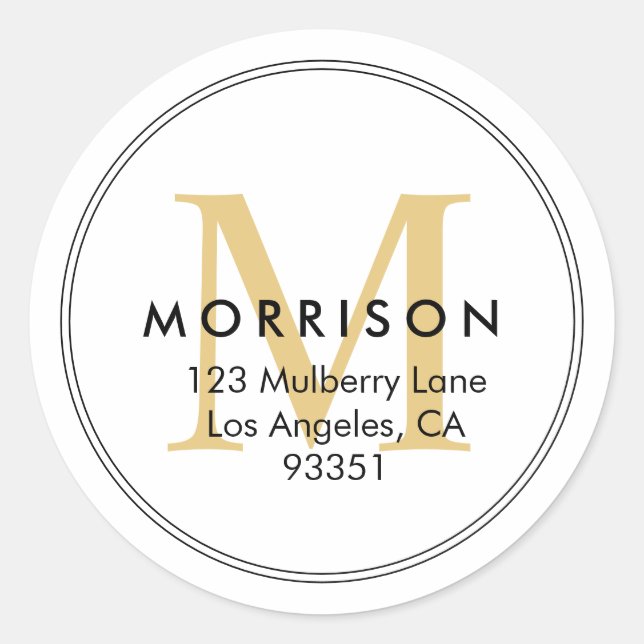 Elegant Gold Monogram Return Address Classic Round Sticker (Front)