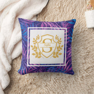 Elegant Gold Monogram Royal Crest Purple Tropical Throw Pillow