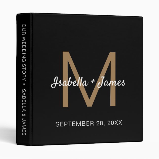 Elegant Gold Monogram Script Black Wedding Binder (Front/Spine)