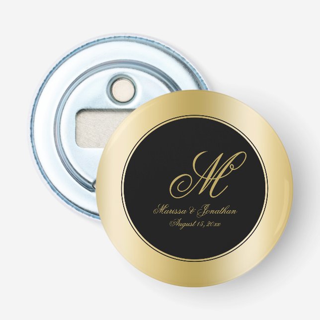 Elegant Gold Monogram Script Black Wedding Bottle Opener (Front)