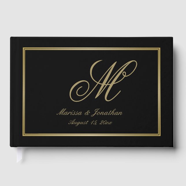 Elegant Gold Monogram Script Black Wedding  Guest Book (Front)