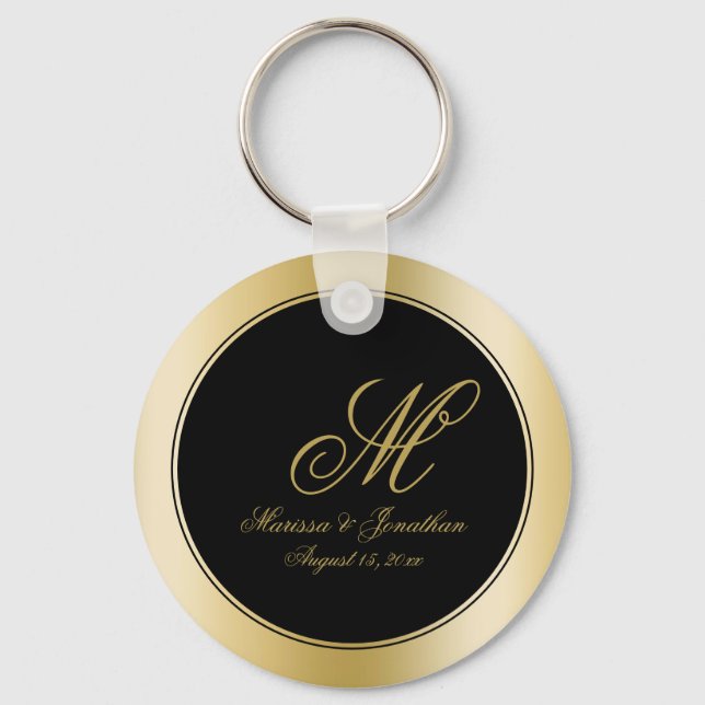 Elegant Gold Monogram Script Black Wedding Keychain (Front)
