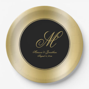 Elegant Gold Monogram Script Black Wedding Paper Plate