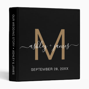 Elegant Gold Monogram Script Black Wedding Planner Binder