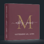 Elegant Gold Monogram Script Burgundy Wedding Binder<br><div class="desc">Chic wedding album with your stylish monogram initial in gold and your names in white elegant handwritten script calligraphy on a burgundy background. Simply add your names, monogram and wedding date. A beautiful wedding keepsake gift album for all your wedding photos and memories. Exclusively designed for you by Happy Dolphin...</div>