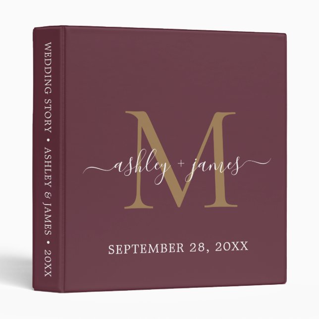 Elegant Gold Monogram Script Burgundy Wedding Binder (Front/Spine)