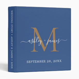 Elegant Gold Monogram Script Classic Blue Wedding Binder
