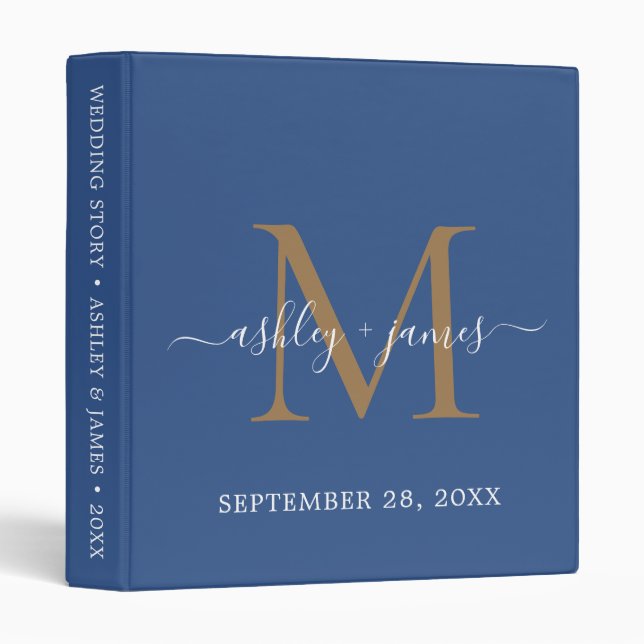 Elegant Gold Monogram Script Classic Blue Wedding Binder (Front/Spine)