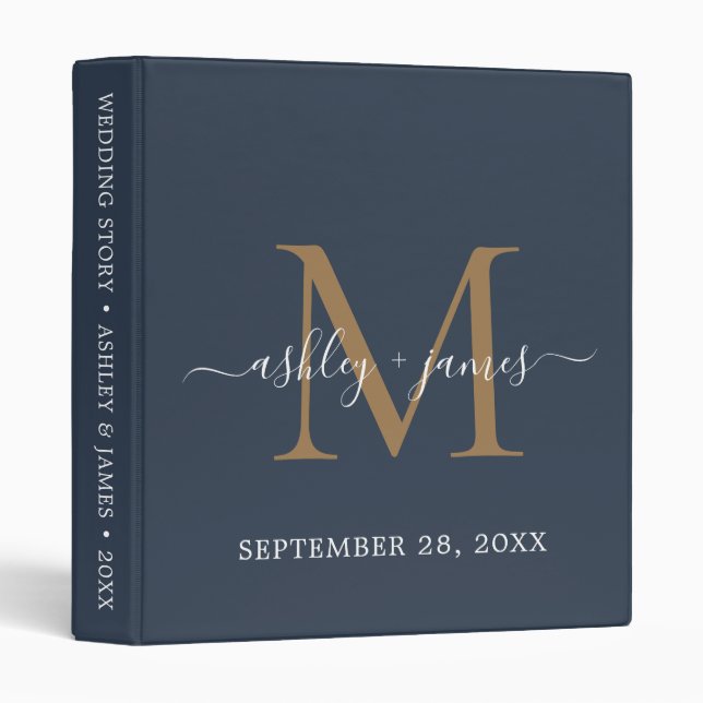 Elegant Gold Monogram Script Dark Blue Wedding Binder (Front/Spine)