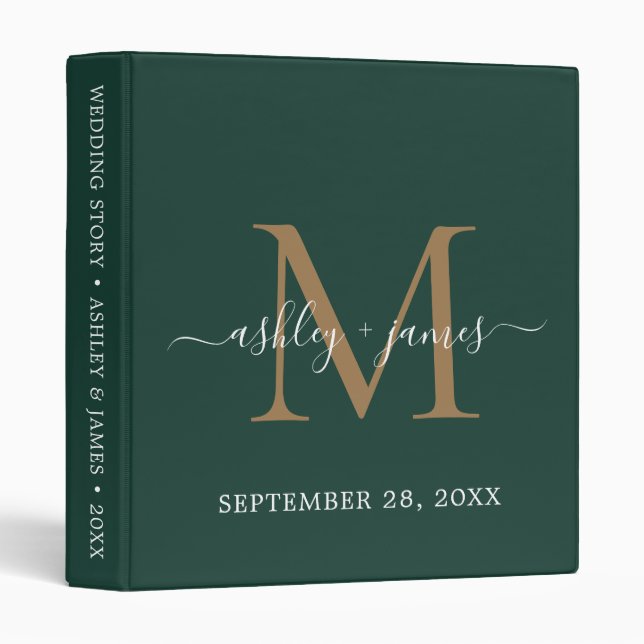 Elegant Gold Monogram Script Dark Green Wedding Binder (Front/Spine)