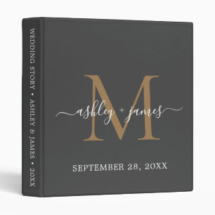 Elegant Gold Monogram Script Dark Grey Wedding Binder
