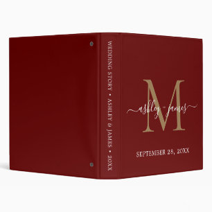 Elegant Gold Monogram Script Dark Red Wedding Binder