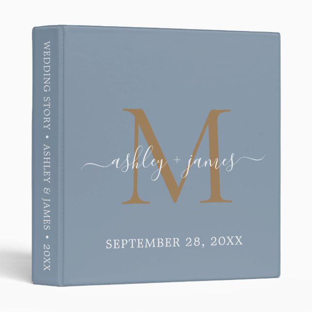 Elegant Gold Monogram Script Dusty Blue Wedding Binder (Front/Spine)