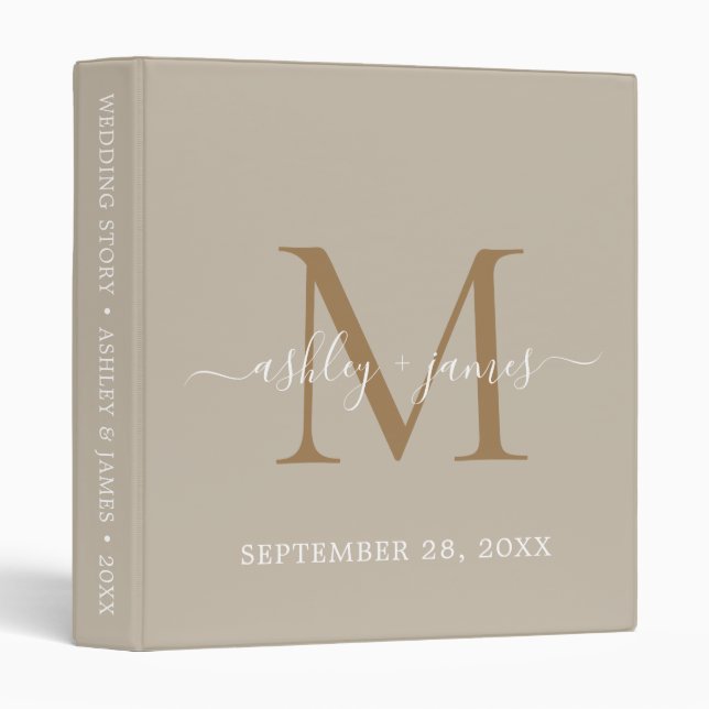 Elegant Gold Monogram Script Grey Wedding Binder (Front/Spine)
