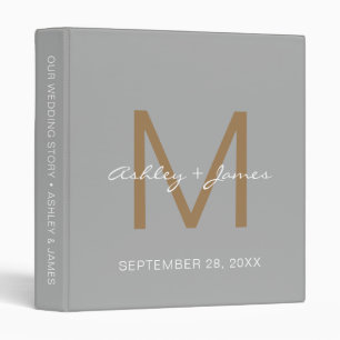 Elegant Gold Monogram Script Grey Wedding Planner Binder