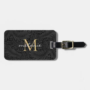 Elegant Gold Monogram Script Name Black Floral Luggage Tag