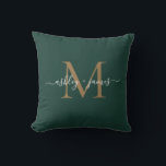 Elegant Gold Monogram Script Names Wedding Green Throw Pillow<br><div class="desc">Chic monogrammed keepsake pillow with your names and monogram in white elegant handwritten script calligraphy and gold modern typography on a dark green background. Simply add your names and monogram. Exclusively designed for you by Happy Dolphin Studio. If you need any help or matching products, please contact us at happydolphinstudio@outlook.com....</div>