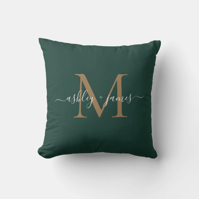 Elegant Gold Monogram Script Names Wedding Green Throw Pillow (Front)