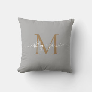 Elegant Gold Monogram Script Names Wedding Grey Throw Pillow