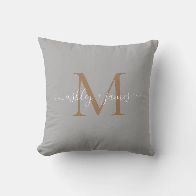 Elegant Gold Monogram Script Names Wedding Grey Throw Pillow (Front)