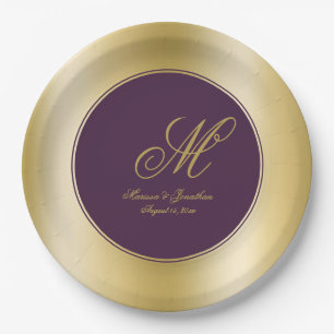 Elegant Gold Monogram Script Plum Purple Wedding Paper Plate