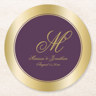 Elegant Gold Monogram Script Plum Purple Wedding Round Paper Coaster