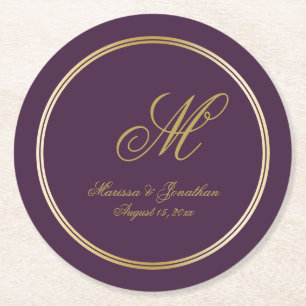 Elegant Gold Monogram Script Plum Purple Wedding Round Paper Coaster
